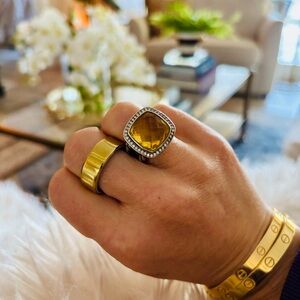 100% Authentic David Yurman Yellow Gemstone Ring with diamonds on band.